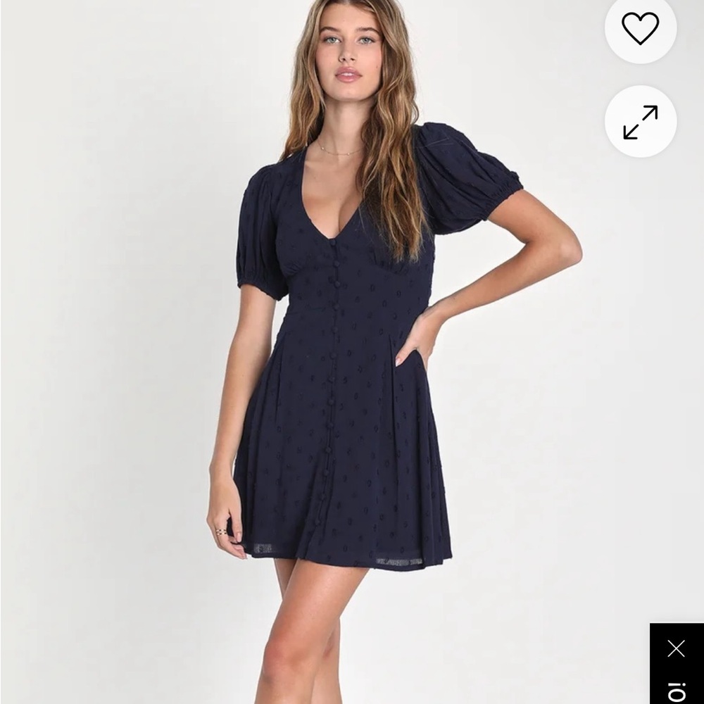 Lulus Daily Sweetness Navy Blue Swiss Dot Eyelet Puff Sleeve Mini Dress